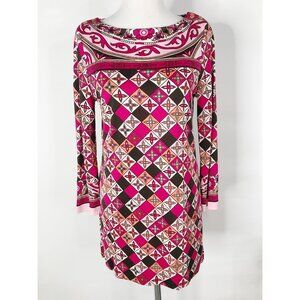 Tory Burch Top Womens Medium Pink Geometric Print Silk Tunic Logo Retro Luxury